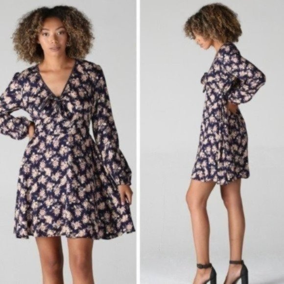 Navy Blue Floral Long Sleeve Front Tie Midi Dress - Picture 4 of 5
